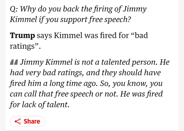 Jimmy Kimmel Was ‘Fired for Lack of Talent,’ Says Trump: ‘You Can Call That Free Speech or Not’